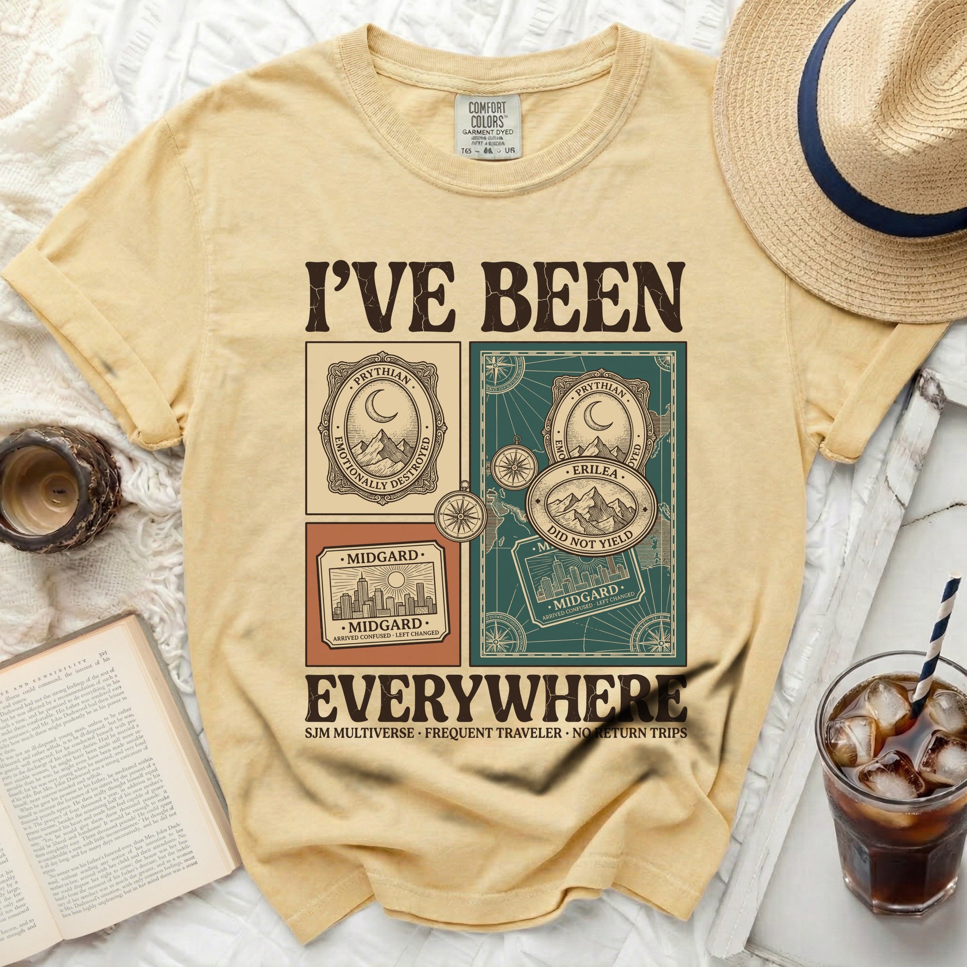 Yellow t-shirt with "I've Been Everywhere" and travel-themed graphics.