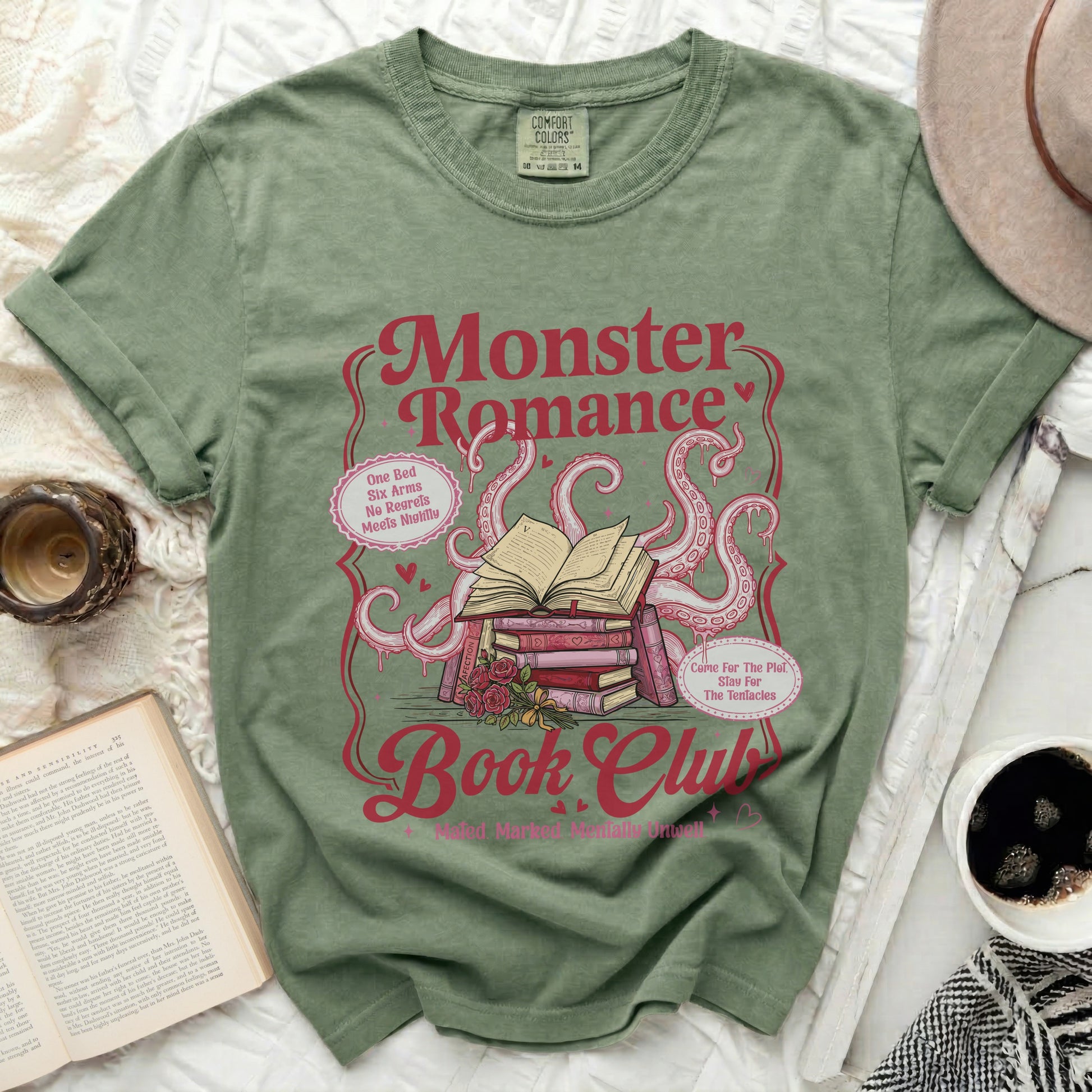 Green t-shirt with "Monster Romance Book Club" graphic and tentacles.
