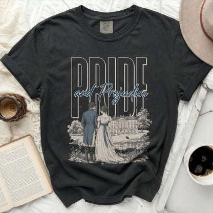 Dark t-shirt with "Pride and Prejudice" text and historical illustration.