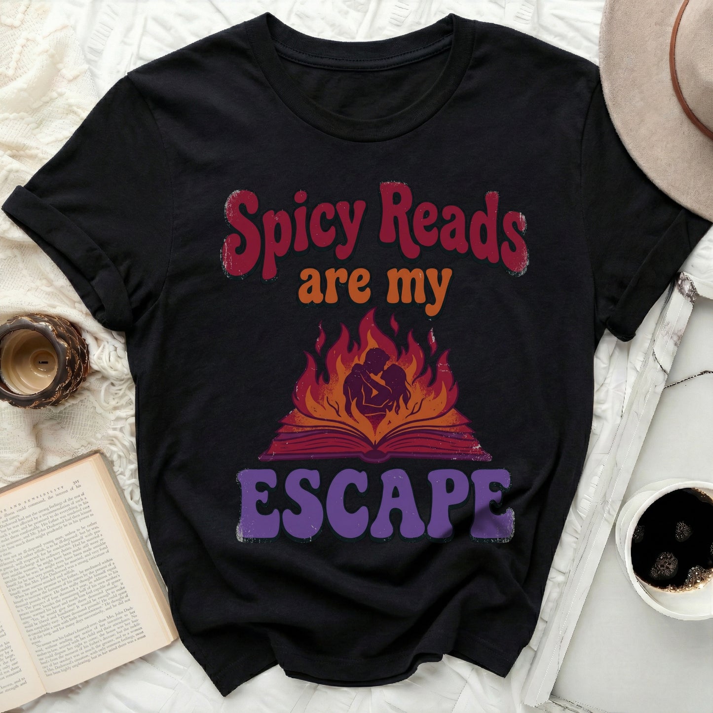 Spicy Reads are my ESCAPE Romance Book Fan T-Shirt product type
Spicy Reads, Book Lover, Reading Escape, Romance Reader, Bookworm Gift, Graphic T-Shirt, Bookish Apparel, Book Nerd, Novel Fan, Reading Tee, Retro Book Shirt, Vintage Style, Flaming Book, Couple Embrace, Reader Life, Bookish Merch, Unique T-Shirt, Cozy Reading, Literary Shirt, Bookish Fashion