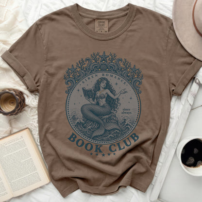 Brown t-shirt with "Siren Romance Book Club" circular graphic.
