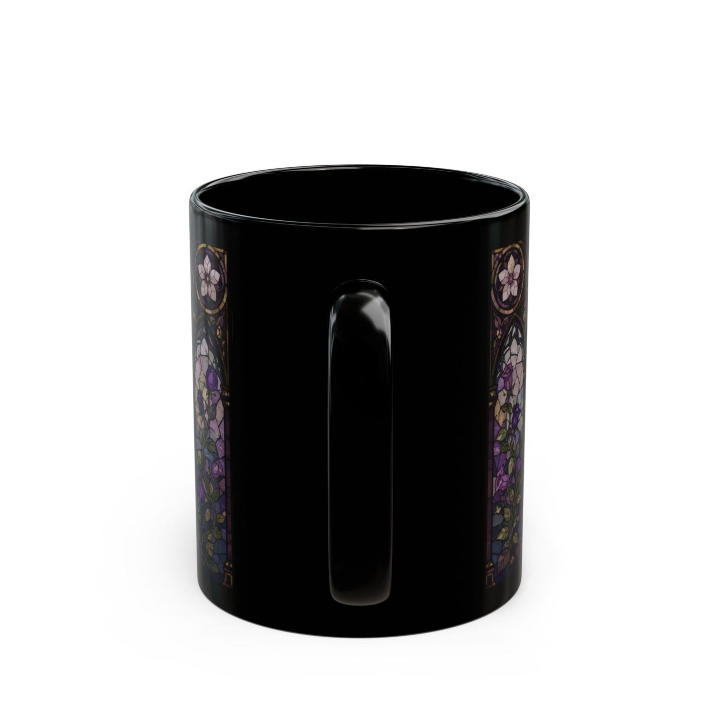Black mug with stained glass style floral pattern on sides.