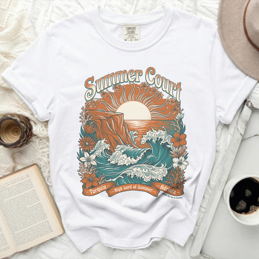 White Comfort Colors t-shirt with "Summer Court" and seaside graphic.