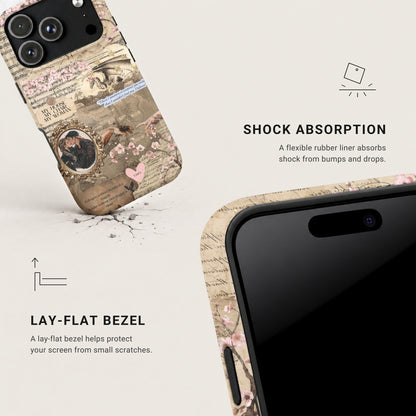 An iPhone case featuring a fantasy design with a map, cherry blossoms, and a kissing couple, highlighting shock absorption and a lay-flat bezel.