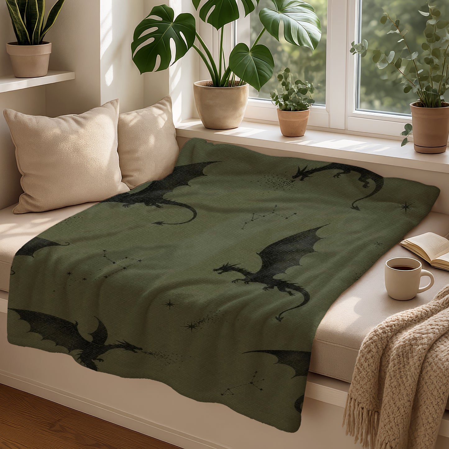 Green blanket with black dragon print and constellations on a window seat