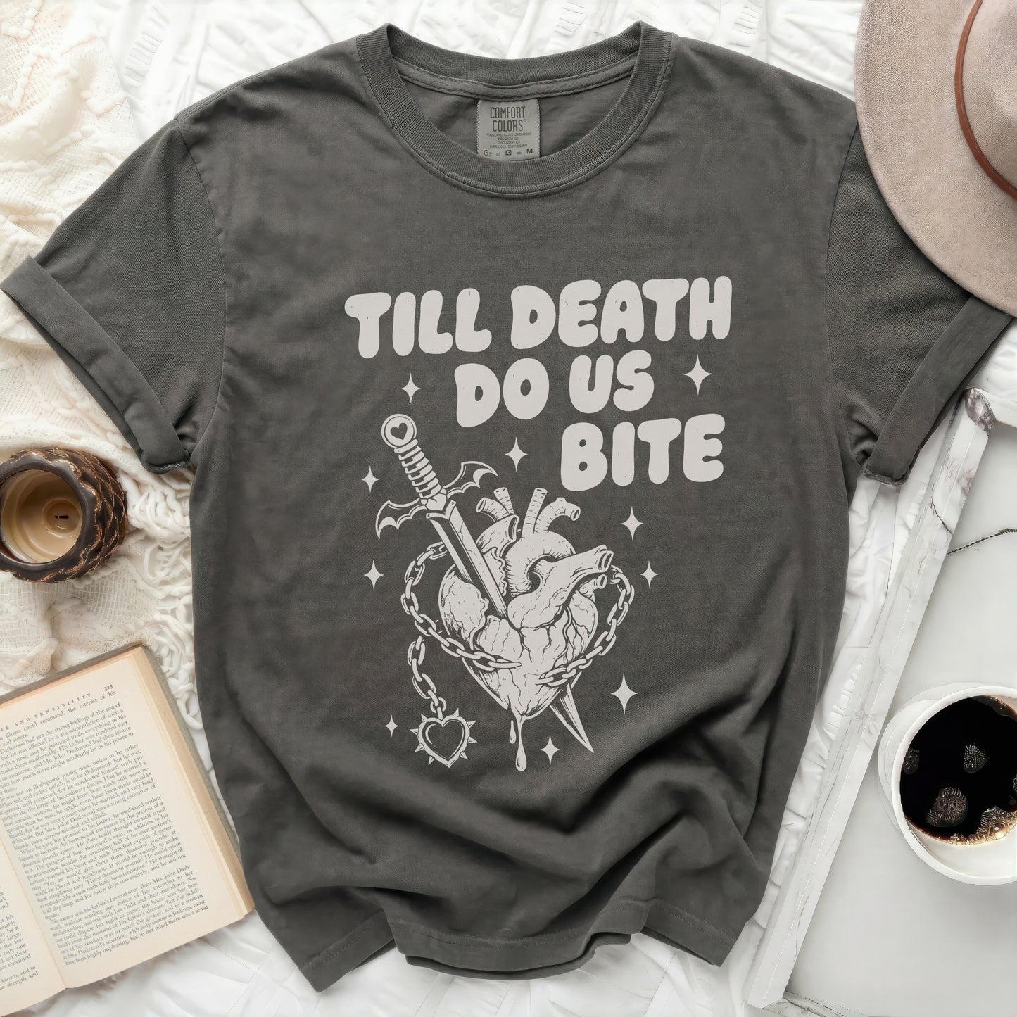 Dark gray t-shirt with "Till Death Do Us Bite" graphic.