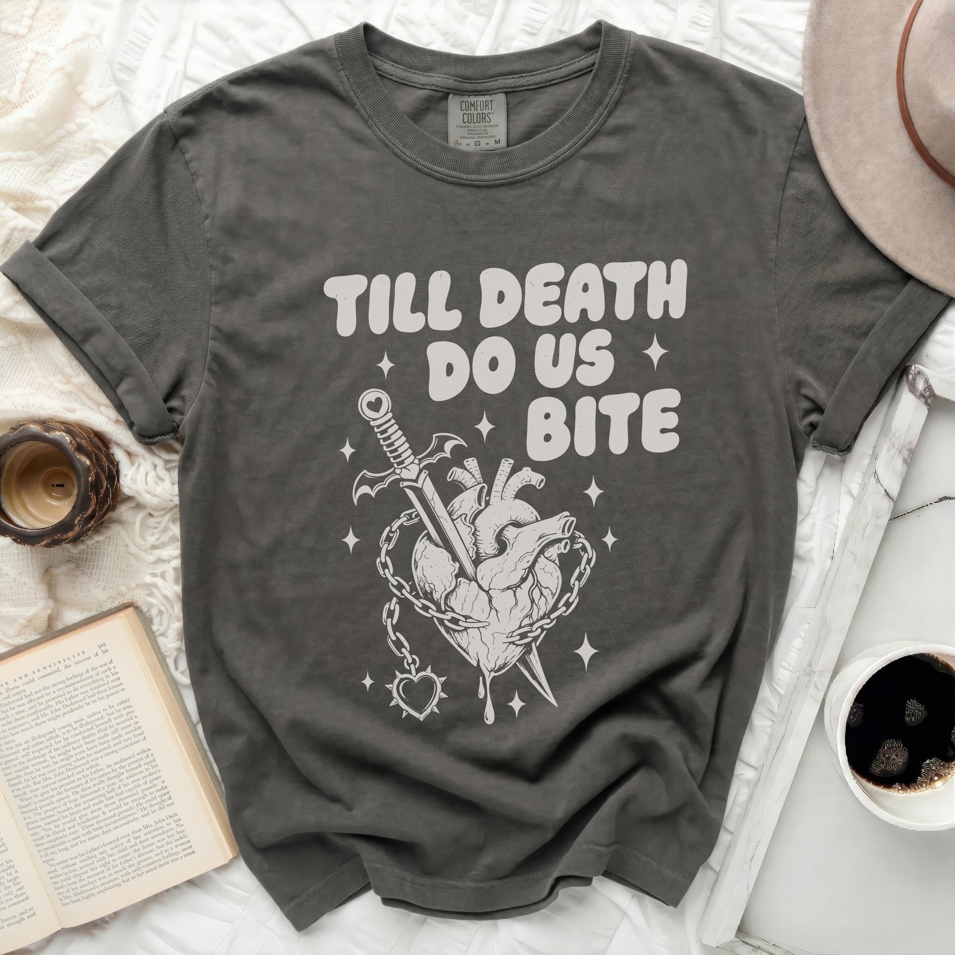 Dark gray t-shirt with "Till Death Do Us Bite" graphic.