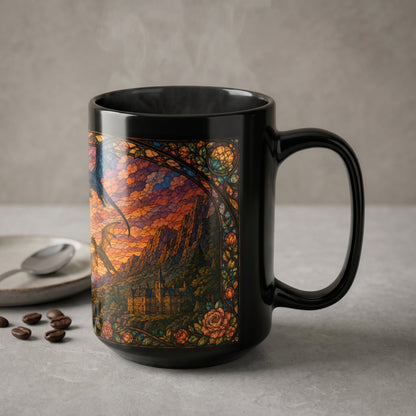 Black mug with a stained-glass design of dragons, a castle, and a sunset.