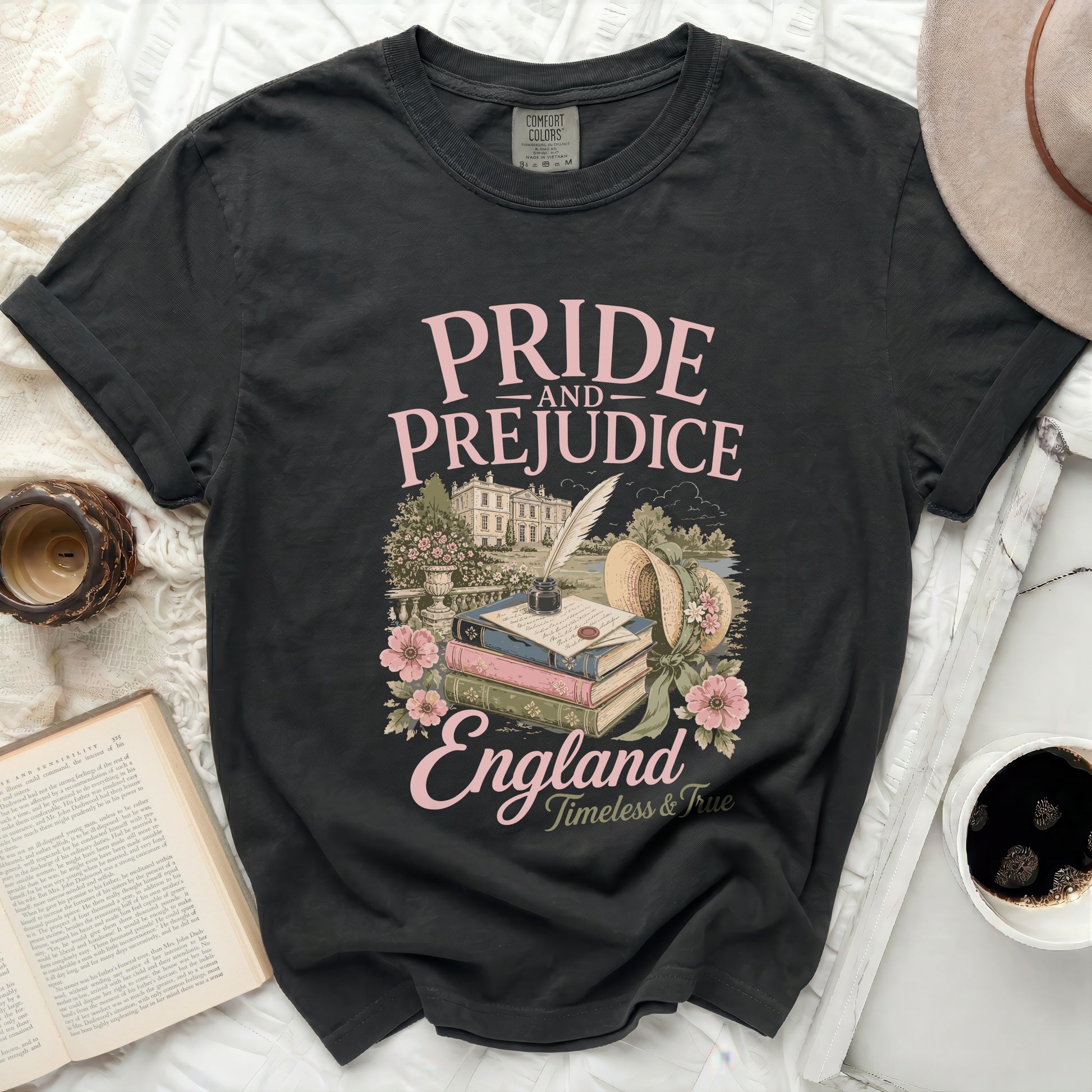 Black t-shirt with Pride and Prejudice England design.
