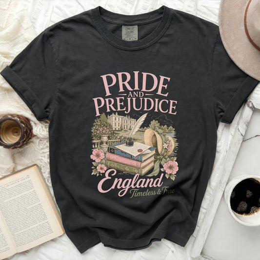 Black t-shirt with Pride and Prejudice England design.