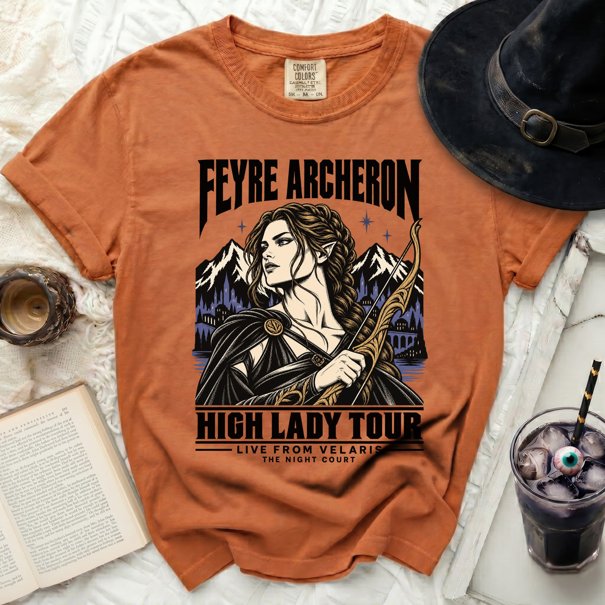 Orange t-shirt with Feyre Archeron High Lady Tour graphic and "The Night Court" text.