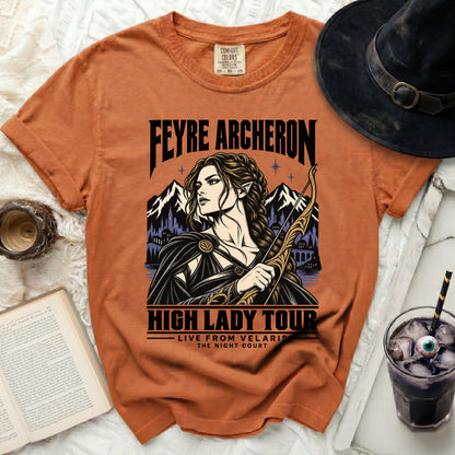 Orange t-shirt with Feyre Archeron High Lady Tour graphic and "The Night Court" text.