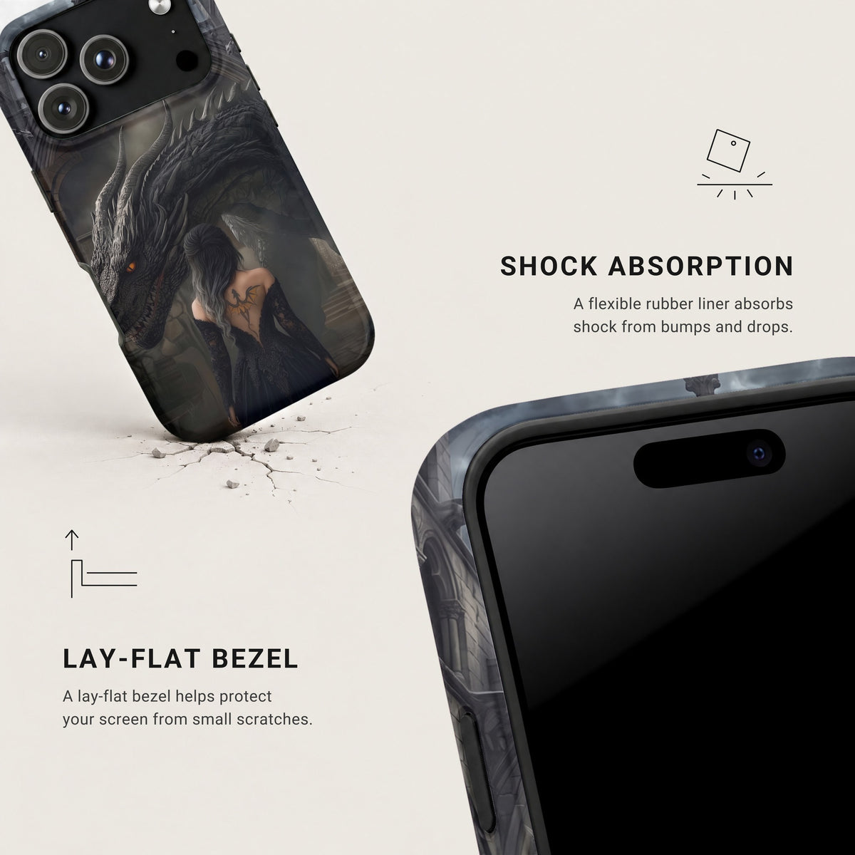Two views of a phone case featuring a fantasy dragon design, highlighting shock absorption and lay-flat bezel features.
