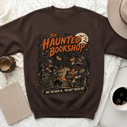 Brown sweatshirt with "The Haunted Bookshop" graphic and spooky theme.