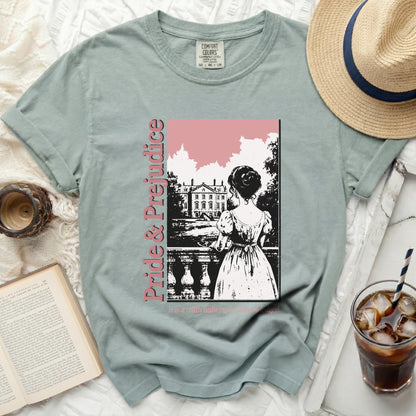 Dusty sage t-shirt with "Pride & Prejudice" and a drawing.