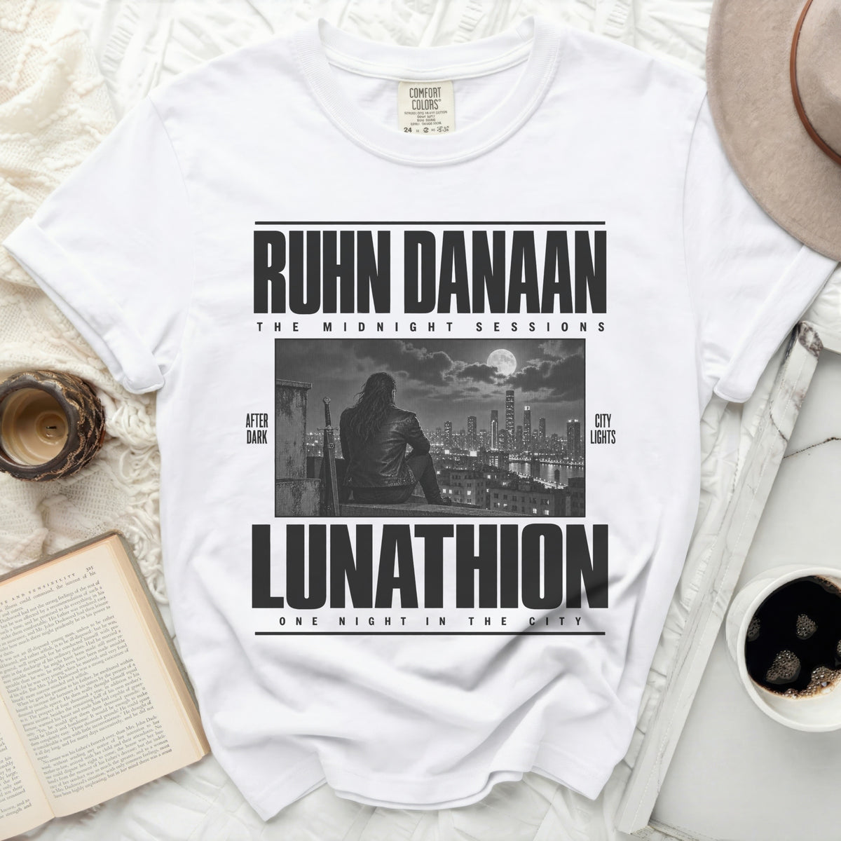 White t-shirt with "Ruhn Danaan The Midnight Sessions Lunathion" text and graphic.