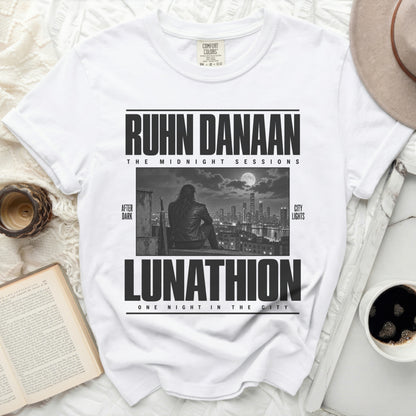 White t-shirt with "Ruhn Danaan The Midnight Sessions Lunathion" text and graphic.