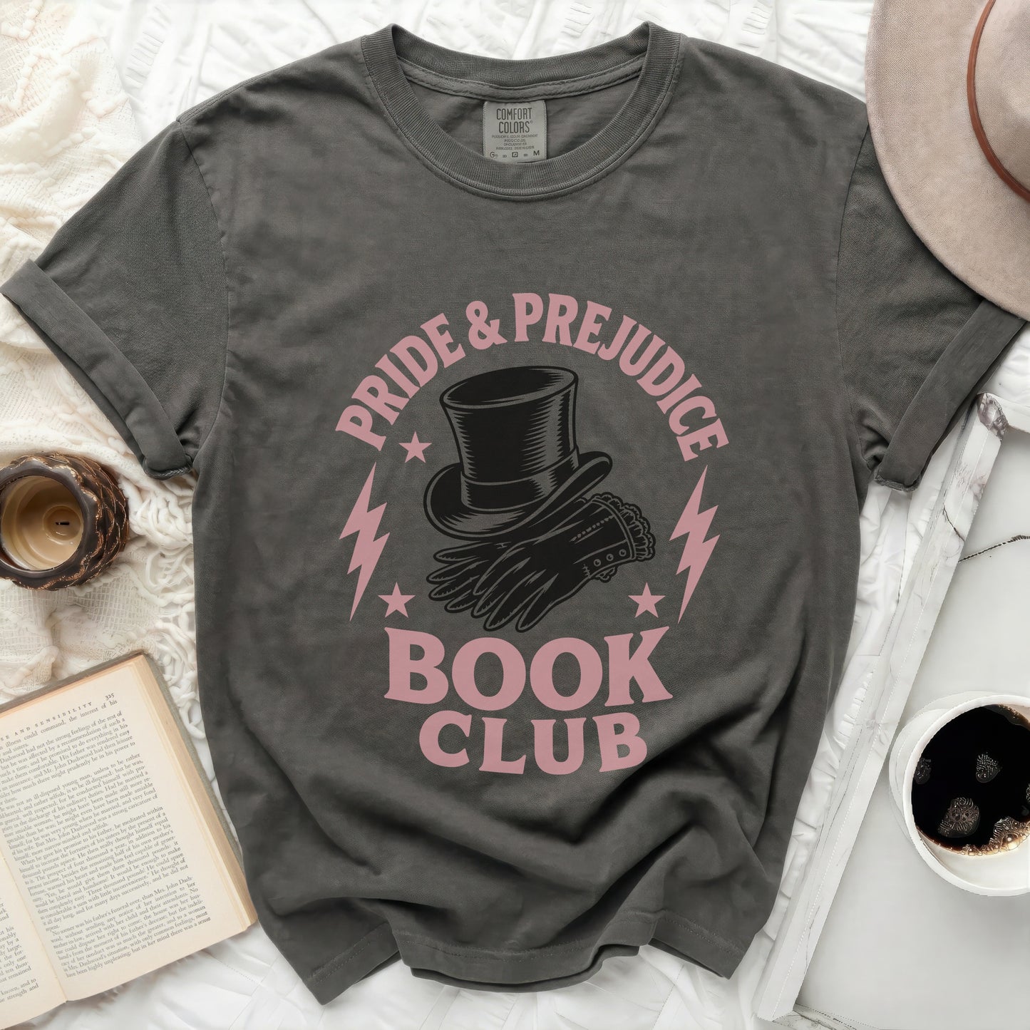 Pride & Prejudice Book Club t-shirt with top hat and gloves graphic.