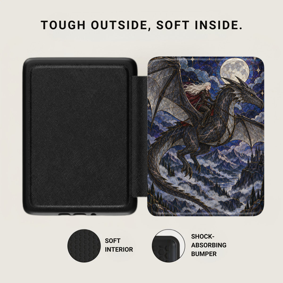 Black textured case open to show artwork of woman riding a dragon over mountains.