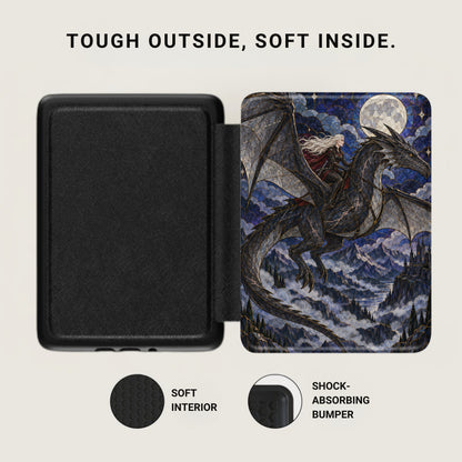 Black textured case open to show artwork of woman riding a dragon over mountains.