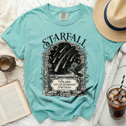 Aqua t-shirt with "Starfall," "Velaris City of Starlight Prythian," and raven illustration.