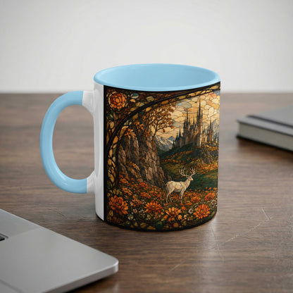 Mug with stained-glass style art of a castle, deer, and flowers.