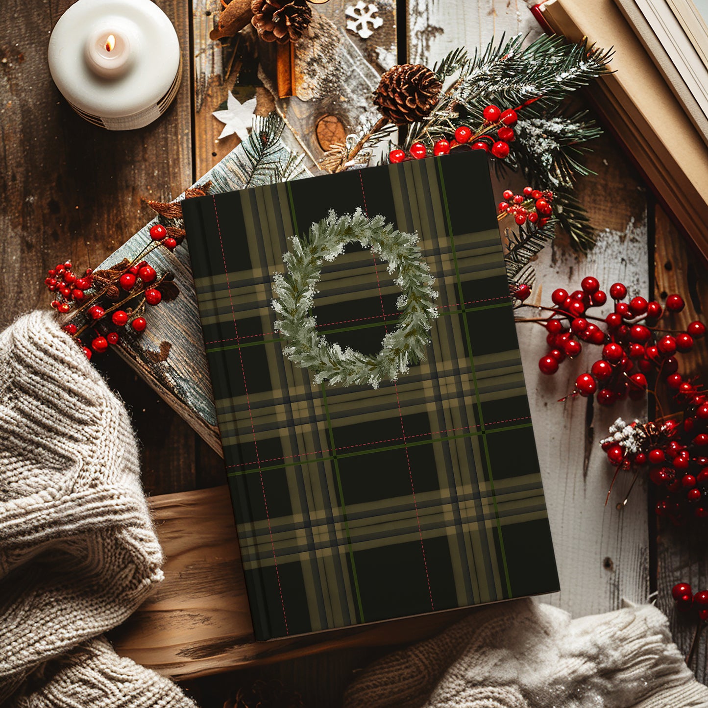 Holiday Wreath Plaid Hardcover Notebook for Christmas