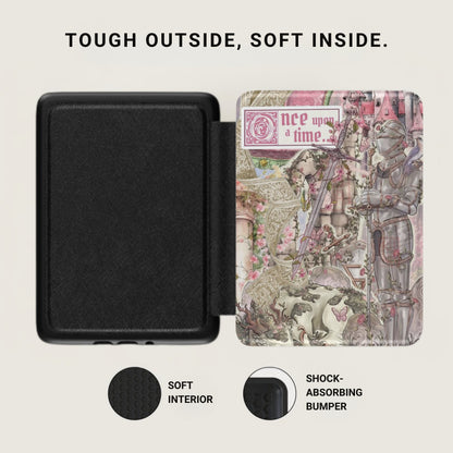 Black case with a "Once Upon a Time" knight illustration, showing soft interior and bumper.