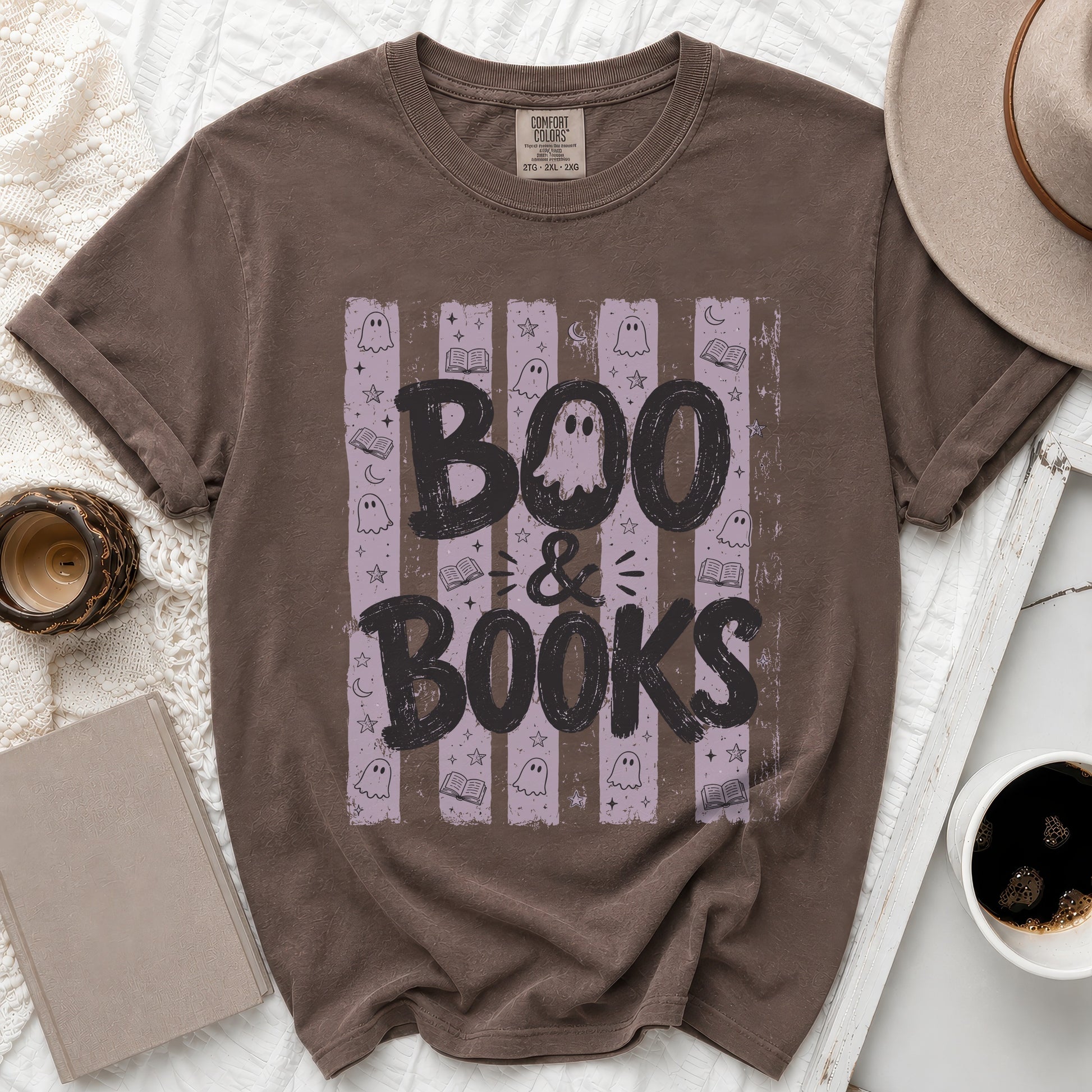 Brown t-shirt with "Boo & Books" text and Halloween graphics.