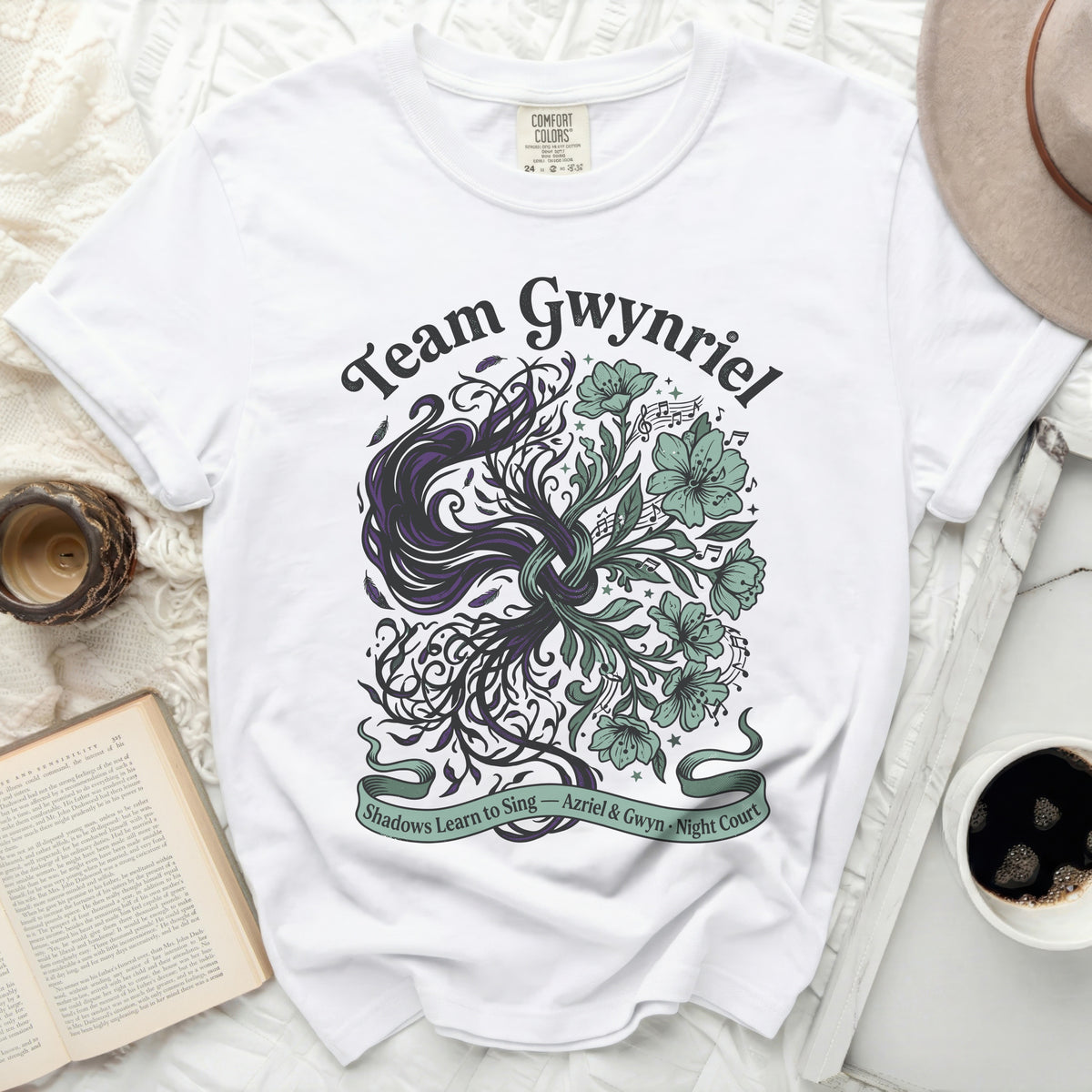 White t-shirt with "Team Gwynriel" and floral design.