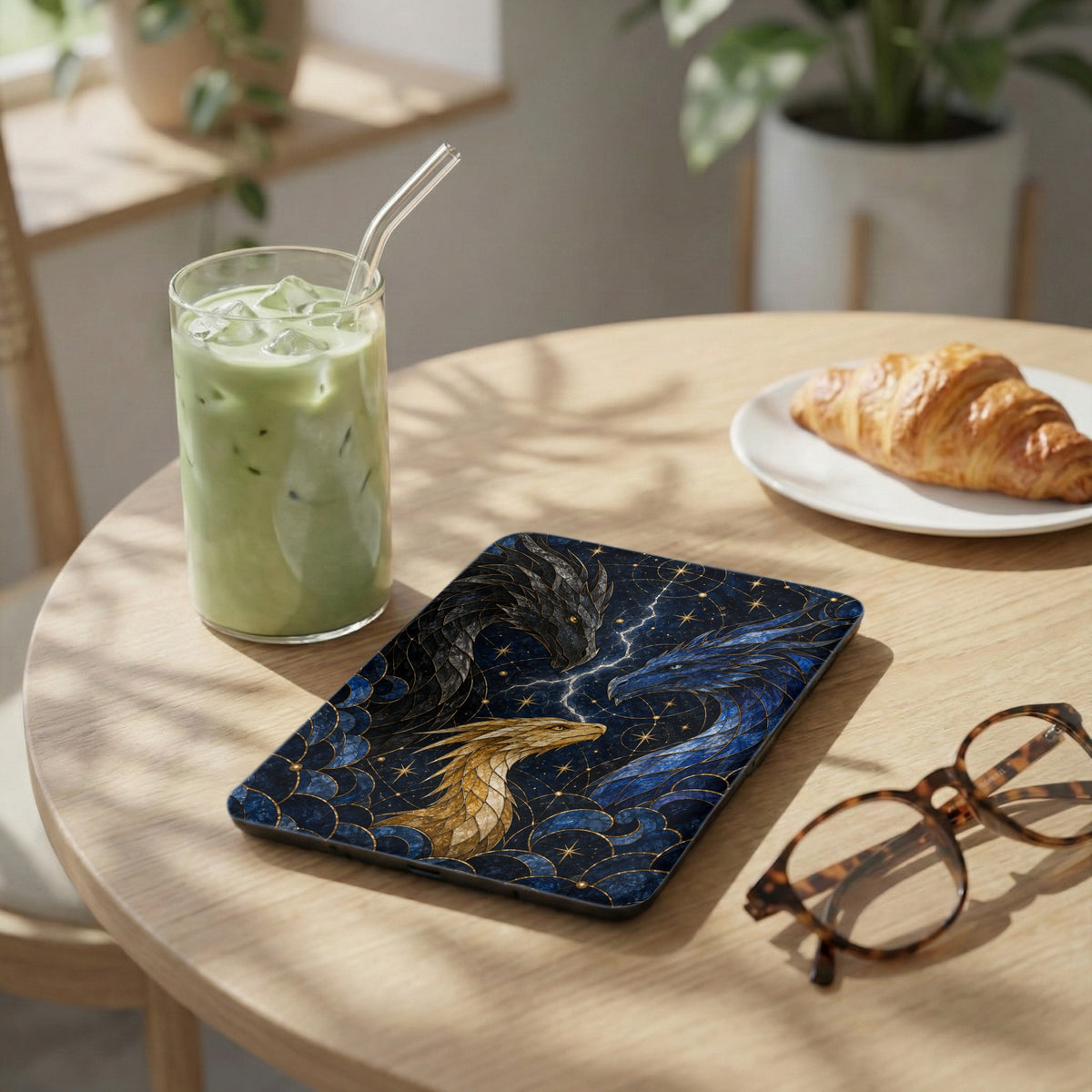Tablet case with black and gold dragons against a starry, blue background.