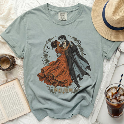 T-shirt with gothic vampire couple dancing, "Romance After Dark" text.
