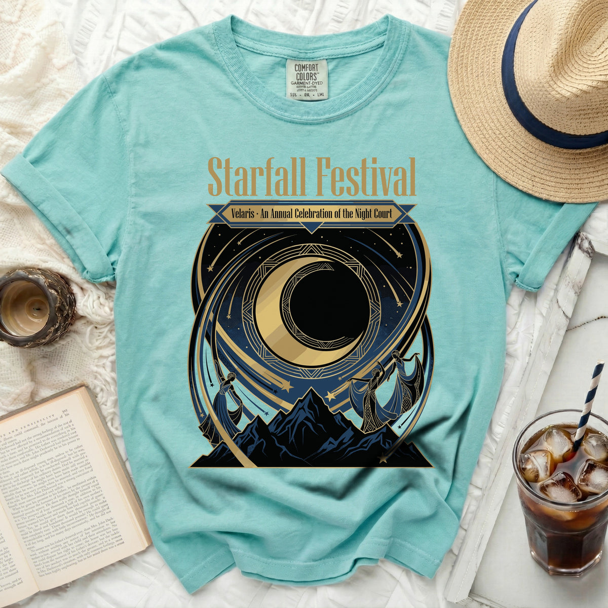 Teal Comfort Colors t-shirt with Starfall Festival and Velaris graphic.
