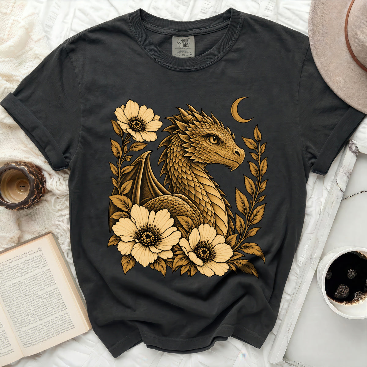 Dark t-shirt with golden dragon and floral design, featuring a crescent moon.
