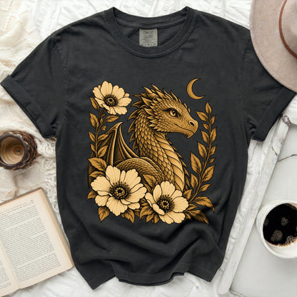 Dark t-shirt with golden dragon and floral design, featuring a crescent moon.