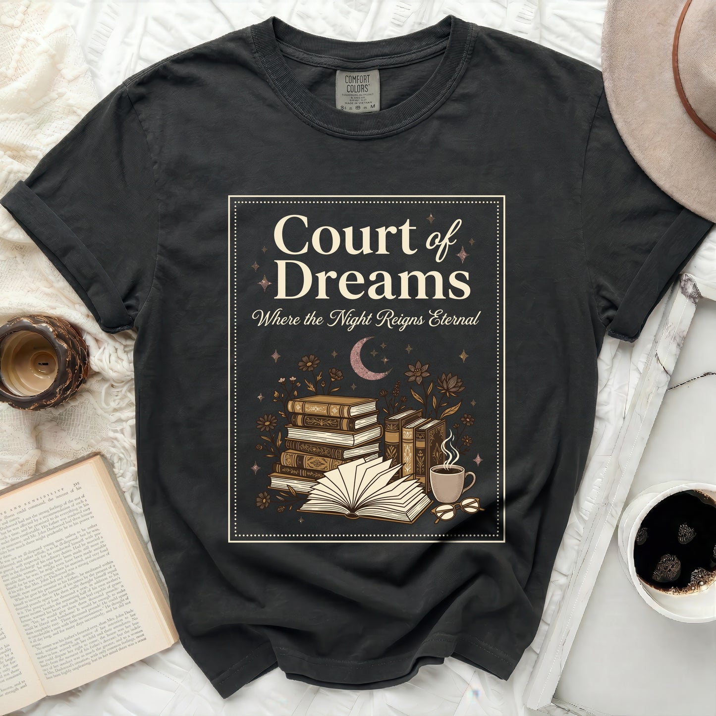 T-shirt with "Court of Dreams" and book graphic.