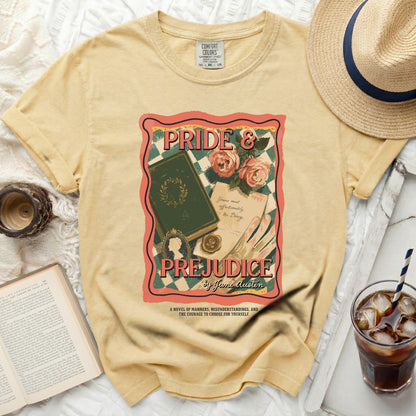 Comfort Colors yellow t-shirt with Pride and Prejudice book cover design.