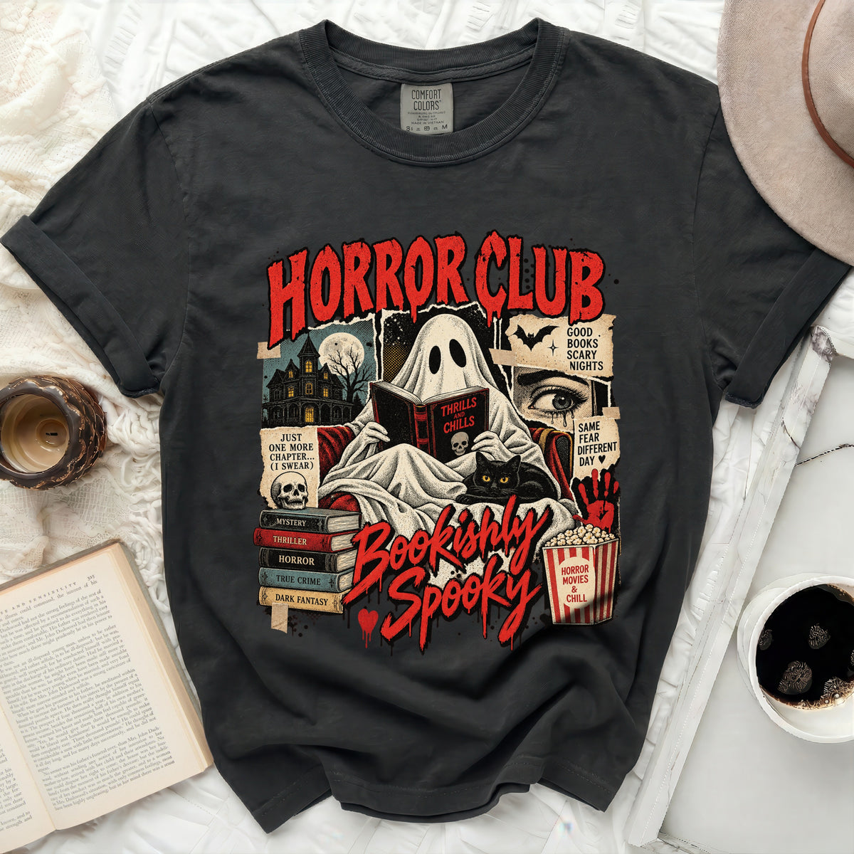 Black t-shirt with "Horror Club" graphic featuring a ghost reading, books, and popcorn.