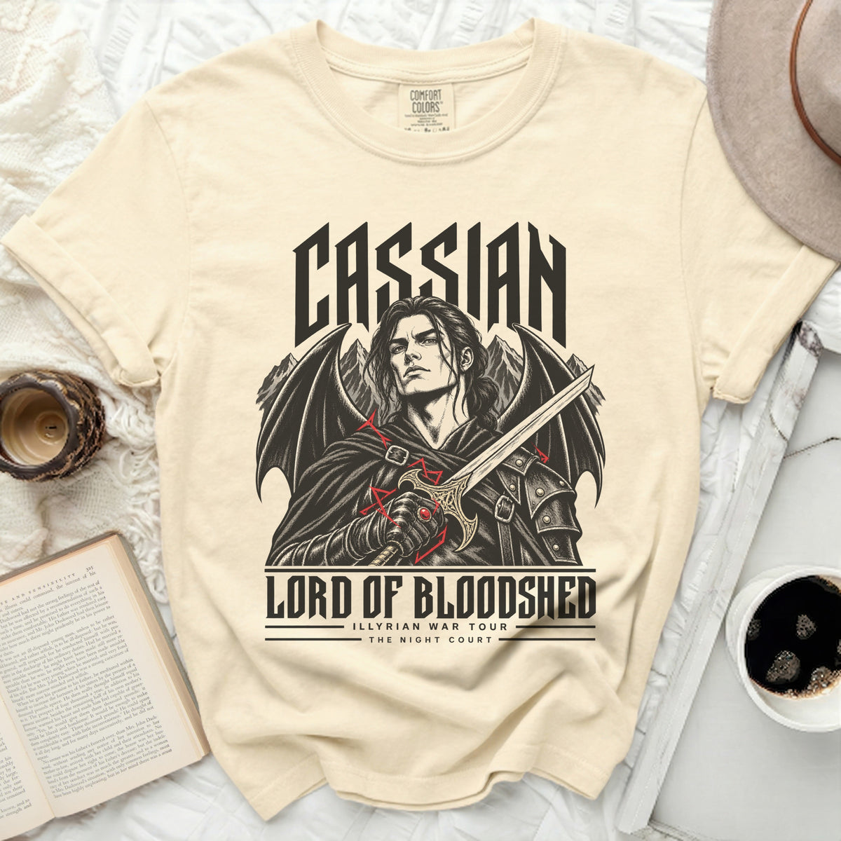 Cream t-shirt with "CASSIAN" and "LORD OF BLOODSHED" graphic.