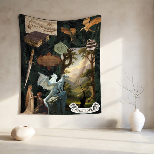 Fantasy scene with dragon, knight, queen, sword, and text: "Once upon a time", "The spell could be broken only by love", "Happiness is a cup of tea & a good book", "Book Lover".