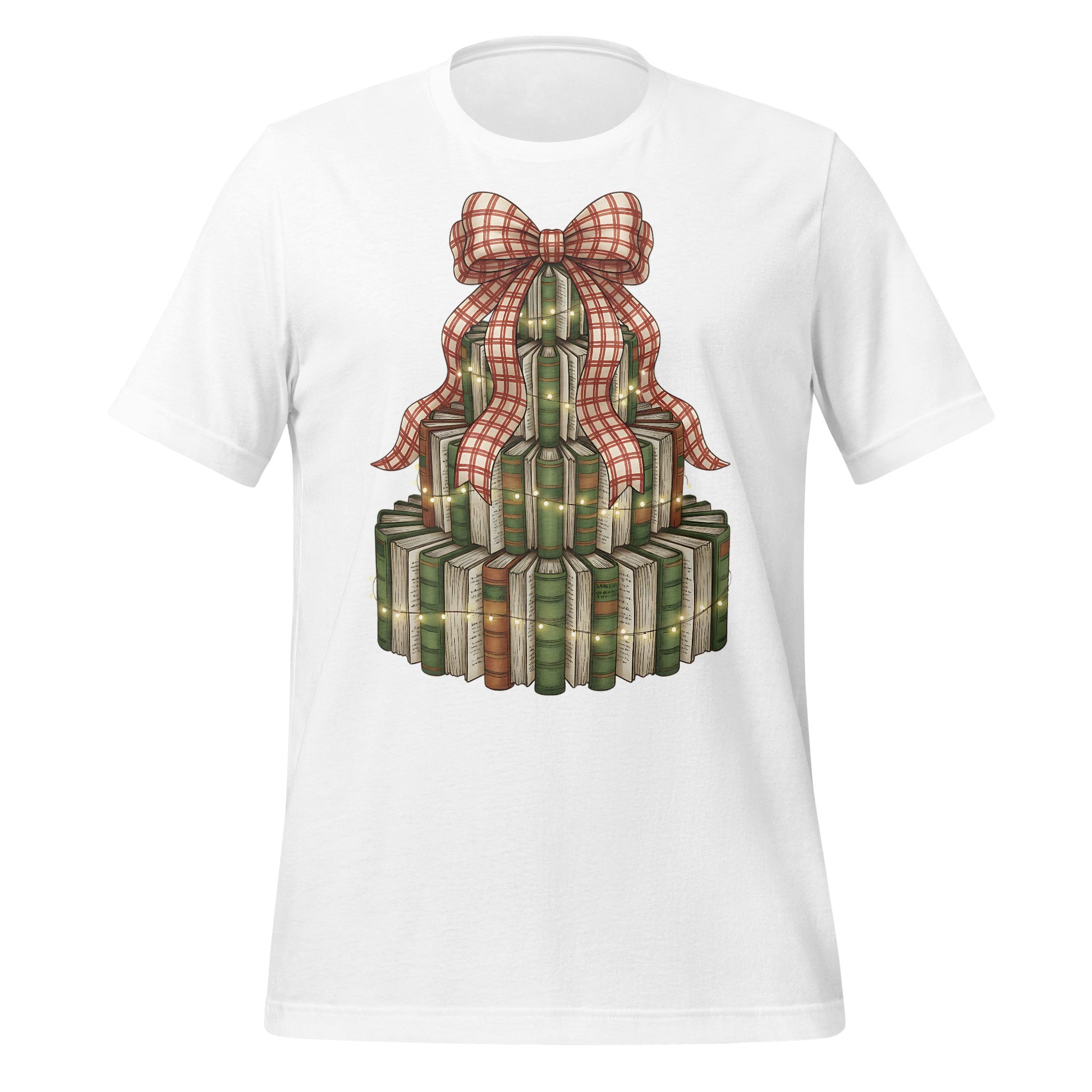 Holiday Themed Book Tree with Plaid Bow T-shirt