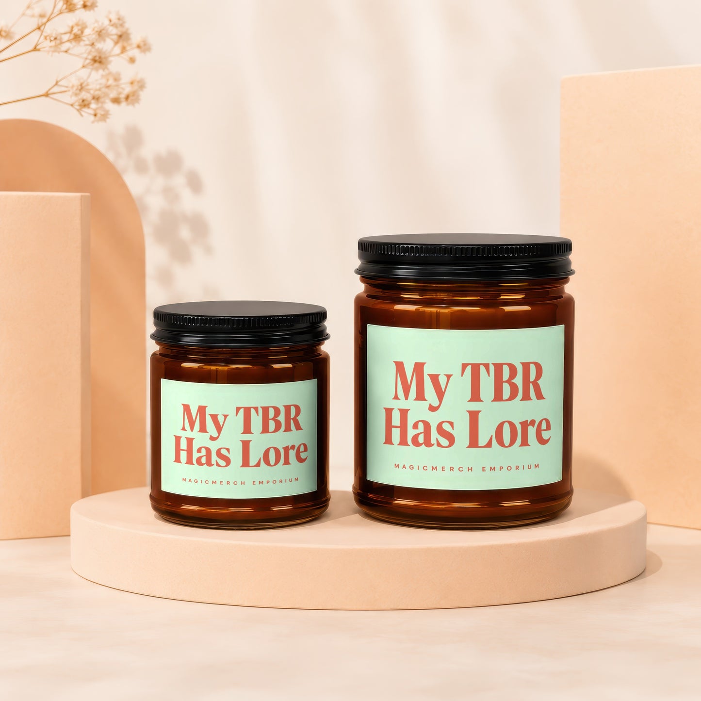 Two amber apothecary jars with black lids, labeled "My TBR Has Lore".