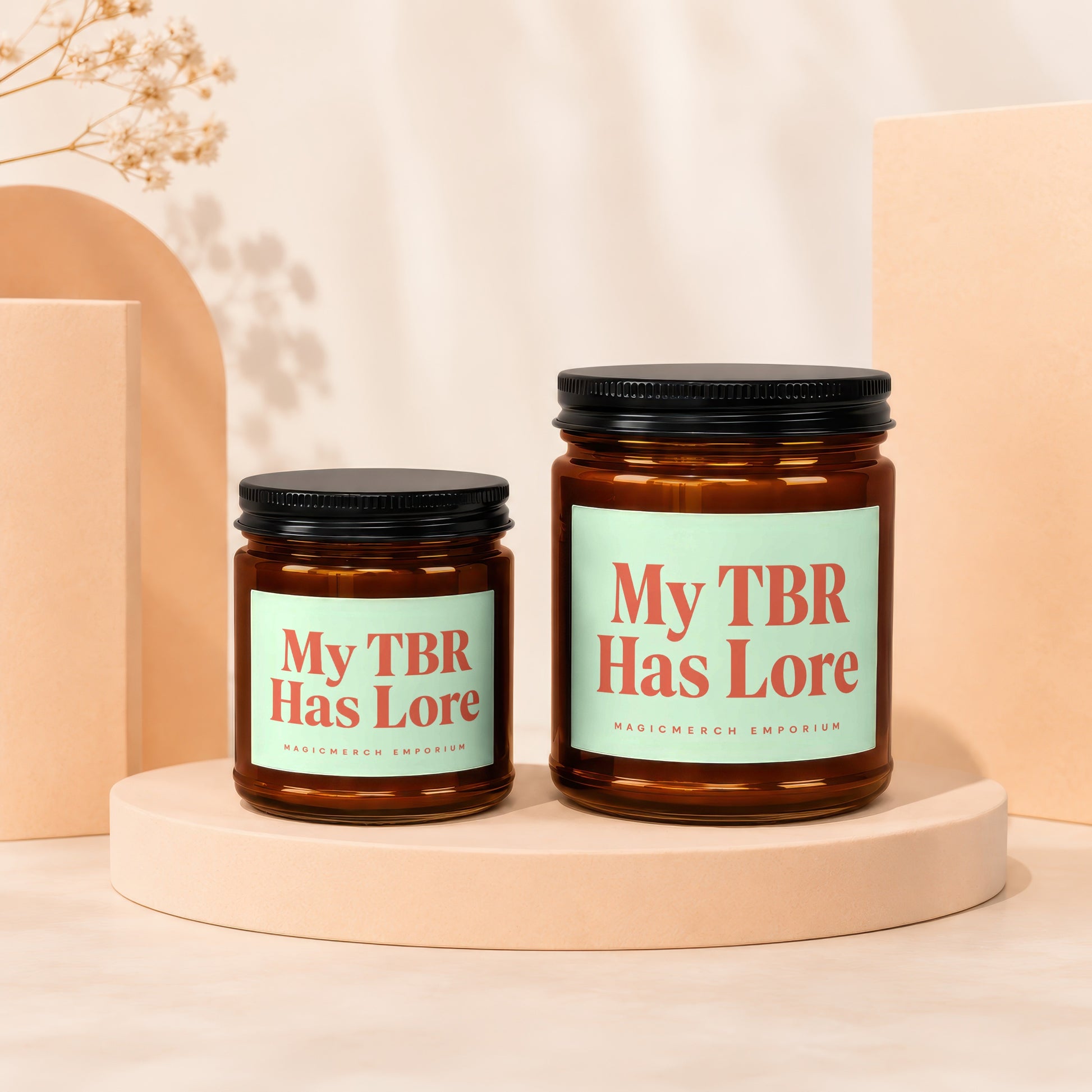 Two amber apothecary jars with black lids, labeled "My TBR Has Lore".
