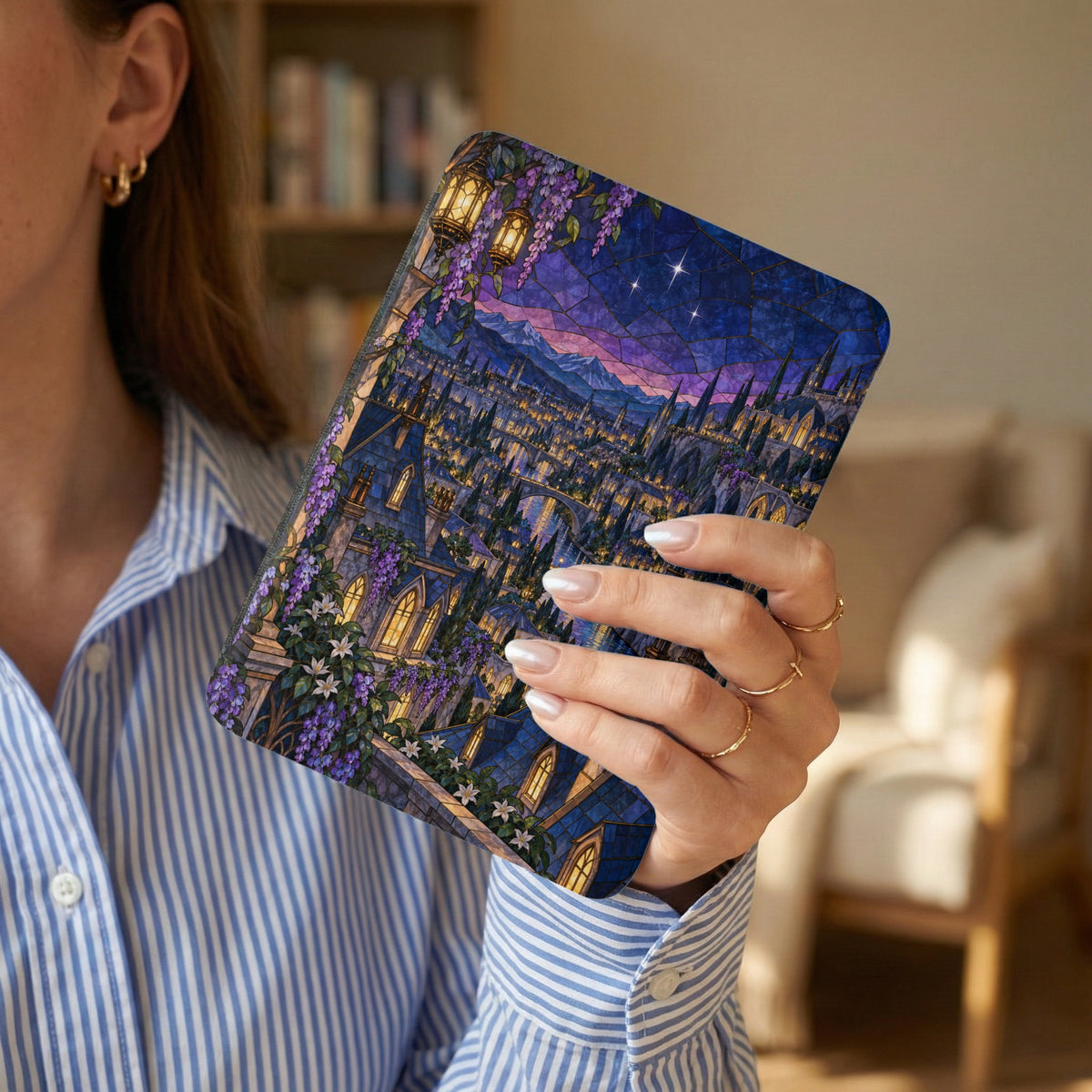 Case with stained glass castle and purple wisteria under starry night sky.