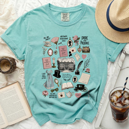 Cyan t-shirt with Pride and Prejudice themed illustrations, quotes, and books.