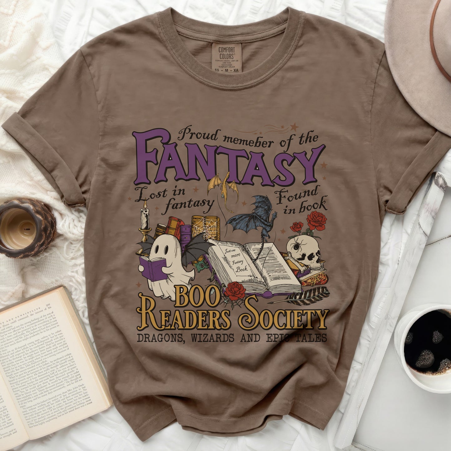 Brown t-shirt with "Proud member of the Fantasy Readers Society" graphic.