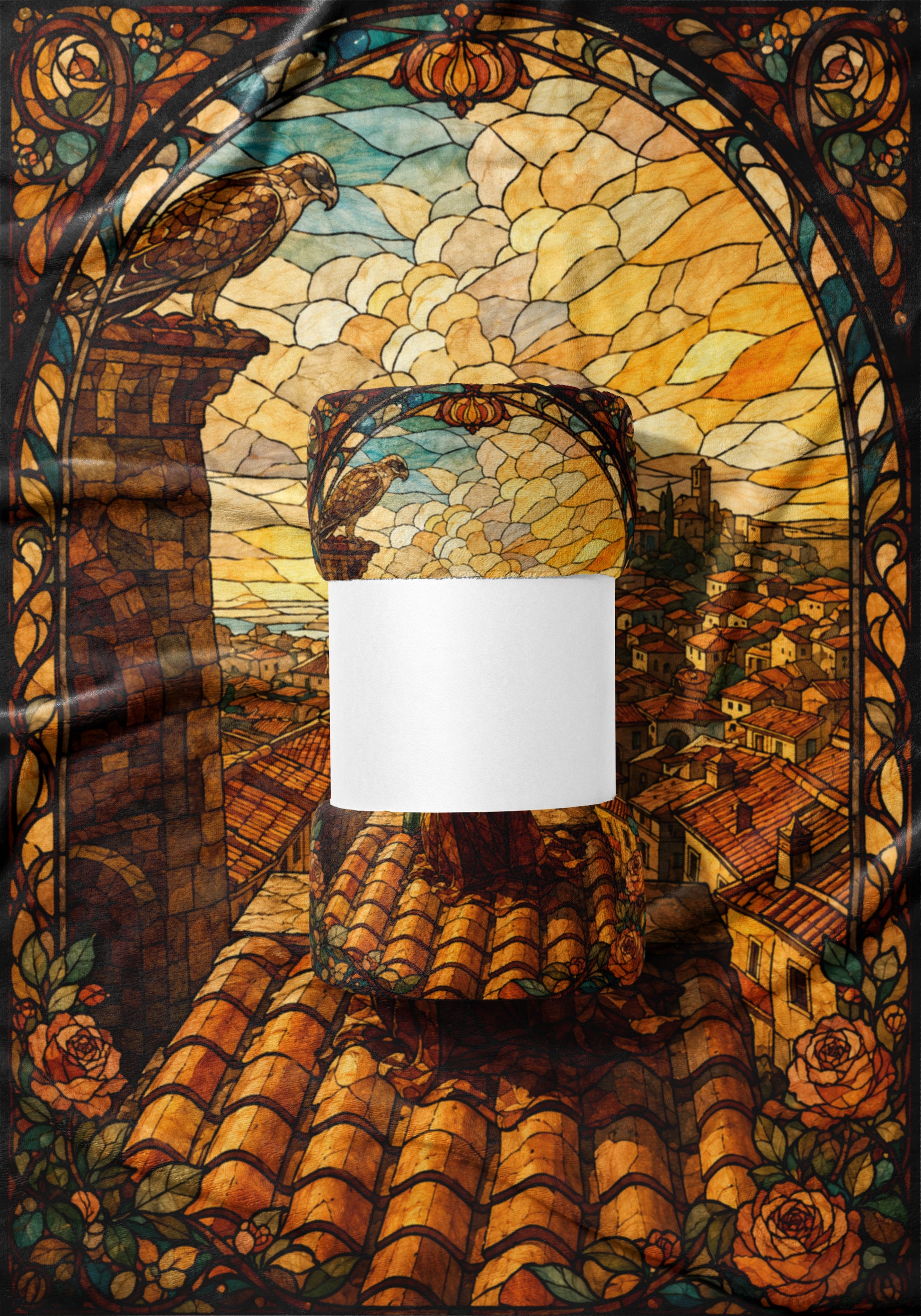 Stained glass design with eagle overlooking Italian cityscape, and white blank label.