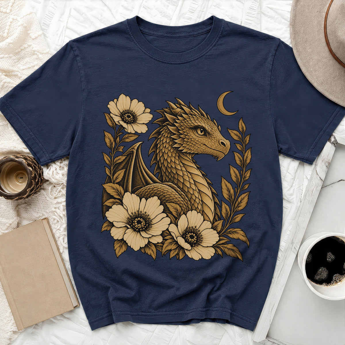 Navy t-shirt with a golden dragon and floral design, crescent moon above.