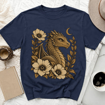 Navy t-shirt with a golden dragon and floral design, crescent moon above.