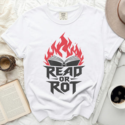 White t-shirt with "Read or Rot" text and flame graphic.